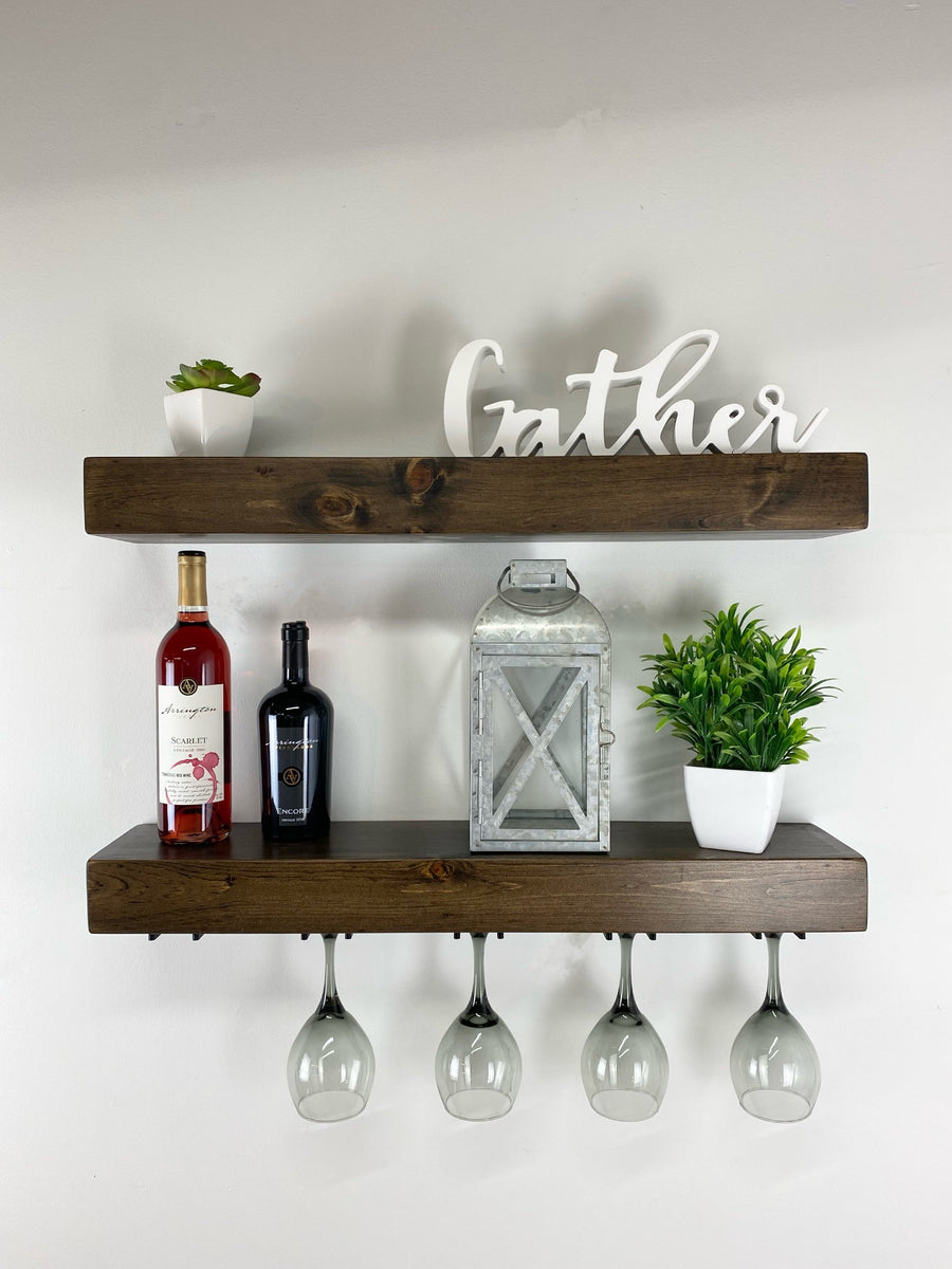 floating wine glass shelf Off-White Floating Shelf with Wine Glass Hangers