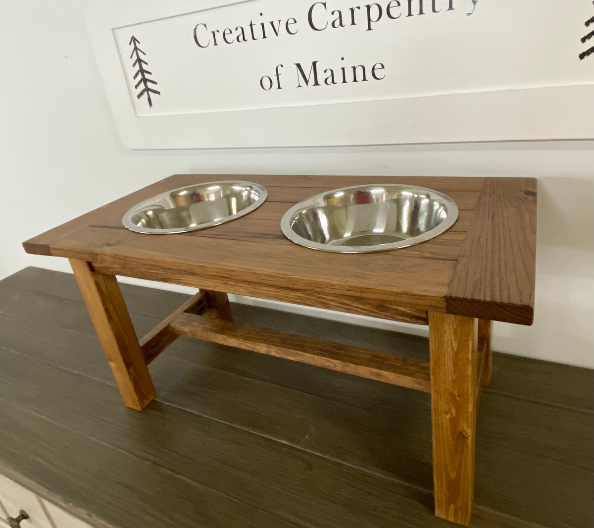 Oak top - Dog Bowl Feeder - Farmhouse Style - Rustic Dog Bowl