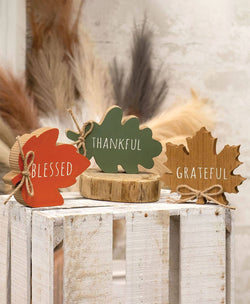 Thankful Grateful Blessed Wood Leaf Sitter, 3 Assorted