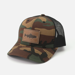 Trout Hat - Leather Patch Trucker Cap: Green Camo/Black