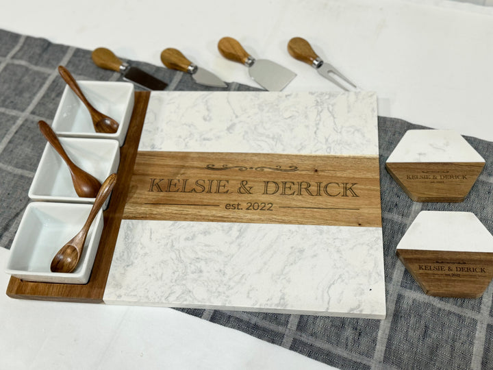 Personalized Marble + Wood Charcuterie Board with Bowls, Spoons, and Cheese Knives