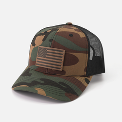 American Flag Hat - Leather Patch Trucker Snapback: Green Camo/Black