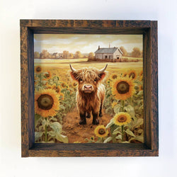 Baby Highland Cow Sunflower Farm - Wood Frame Canvas Art: 6x6" Mini Canvas Art with Wood Box Frame