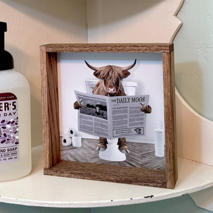 Highland Cow on Toilet Wood Frame Sign - Funny Bathroom Art: 6x6