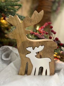 3D Wooden Reindeer w/ White Enamel Cutout 5.5x7in