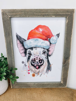 Christmas Pig With Hat Wood Sign, 12x16 Christmas Sign: Dark Walnut