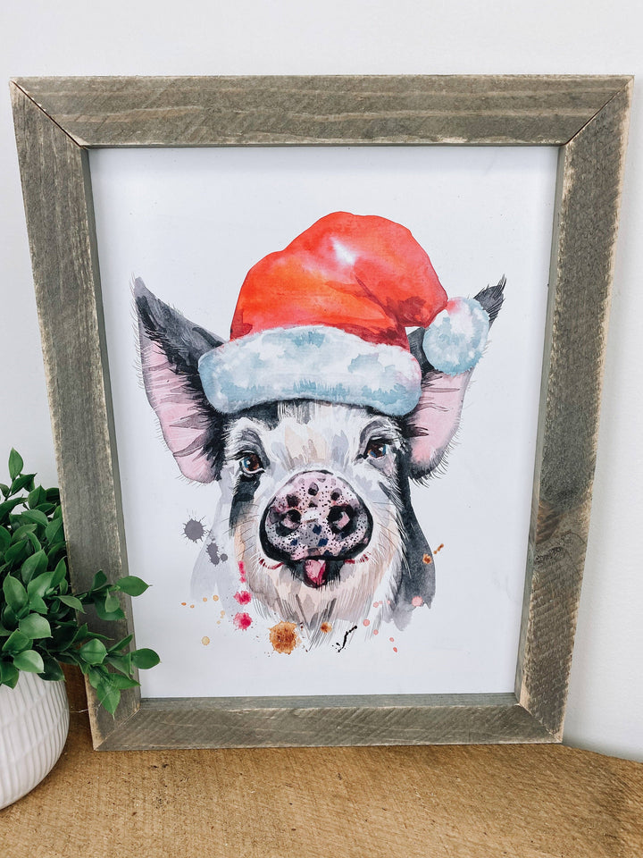 Christmas Pig With Hat Wood Sign, 12x16 Christmas Sign: Dark Walnut