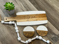 Personalized Marble + Wood Cutting Board with Cheese Knives