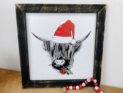 Scottish Christmas Cow Wood Sign, 14x14 Cow Sign: Grey