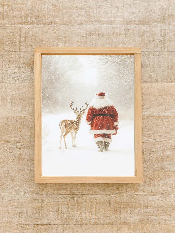 Santa and Reindeer Walking | Christmas 2025 Wood Sign: Dark Walnut / 8x12