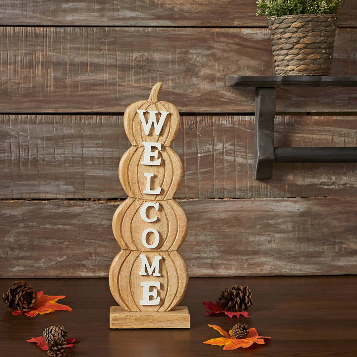 VHC Brands Burlap Pumpkin Stack Welcome Sign, Fall Farmhouse Rustic Decor, Tiered Harvest Wall Plaque, 16.5 Inch