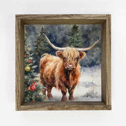 Highland Cow Christmas Tree - Framed Holiday Animal Canvas: 6x6" Mini Canvas Art with Wood Box Frame