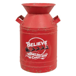 Distressed Red Metal Believe Santa & Reindeer Milk Can