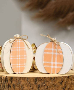 Cream & Orange Plaid Wooden Pumpkin Sitter, 2 Assorted