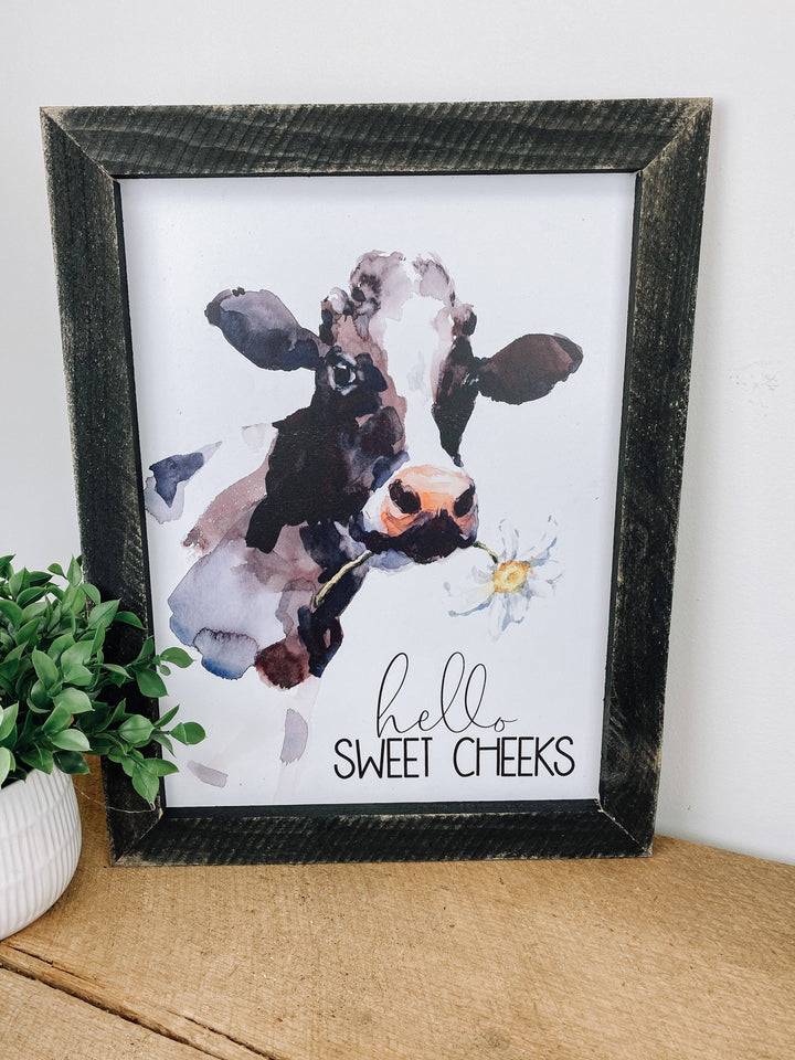 Hello Sweet Cheeks Cow With Flower Bathroom Sign, 12x16 Bath: Dark Walnut