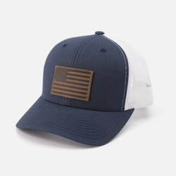 American Flag Hat - Leather Patch Trucker Snapback: Navy/White