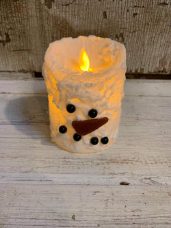 Snowman Bumpy White Moving Flame LED Candle 3in by 5in
