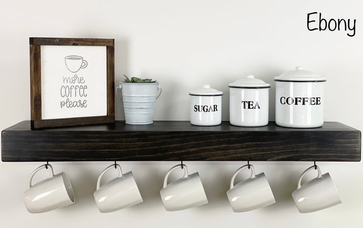 Ebony Floating Shelf with Coffee Mug Hooks