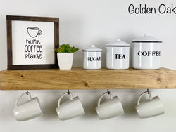 Golden Oak Floating Shelf with Coffee Mug Hooks