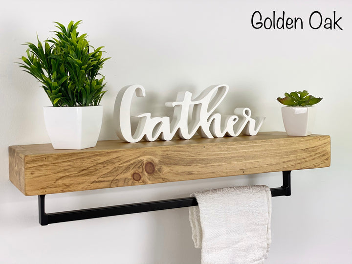 Golden Oak Floating Shelf - Square Oil-Rubbed Bronze Towel Bar