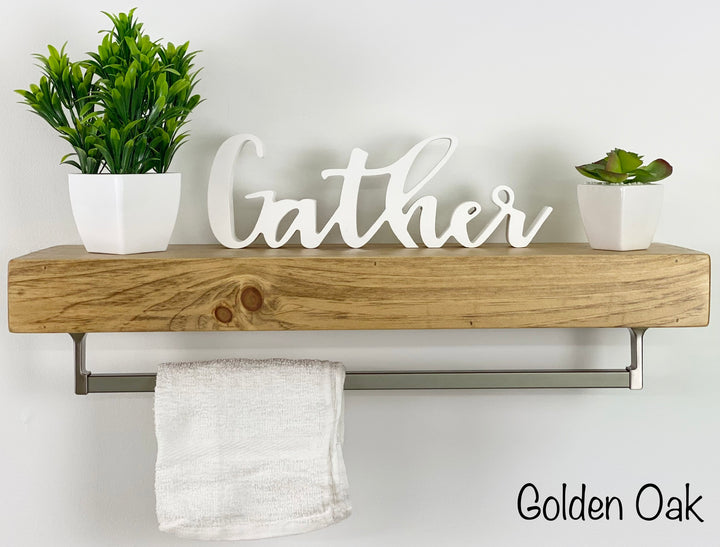 Golden Oak Floating Shelf - Square Satin Nickel Towel Bar