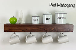 Red Mahogany Floating Shelf with Coffee Mug Hooks