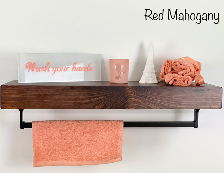 Red Mahogany Floating Shelf - Square Oil-Rubbed Bronze Towel Bar
