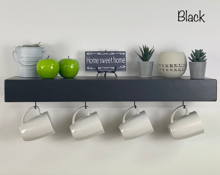 Black Floating Shelf with Coffee Mug Hooks