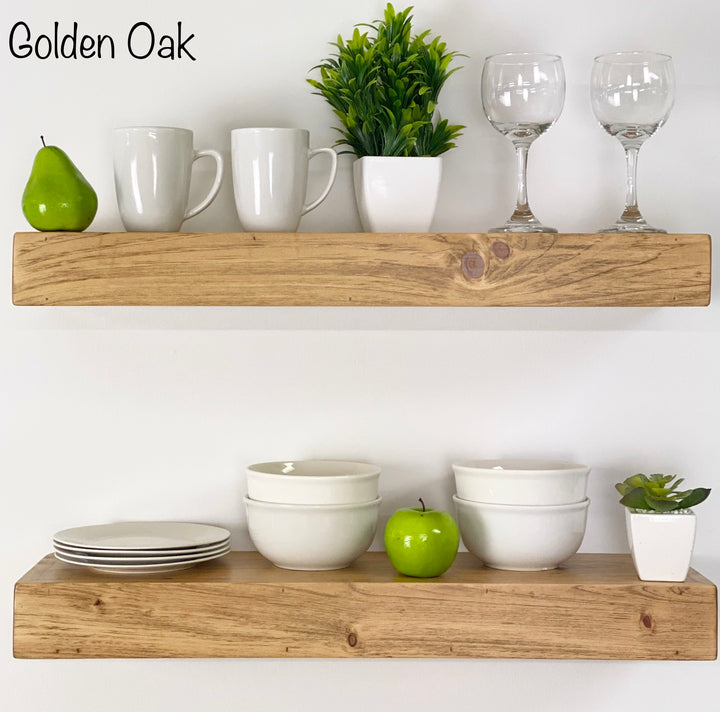 Golden Oak Floating Shelf - Round Satin Nickel Towel Bar