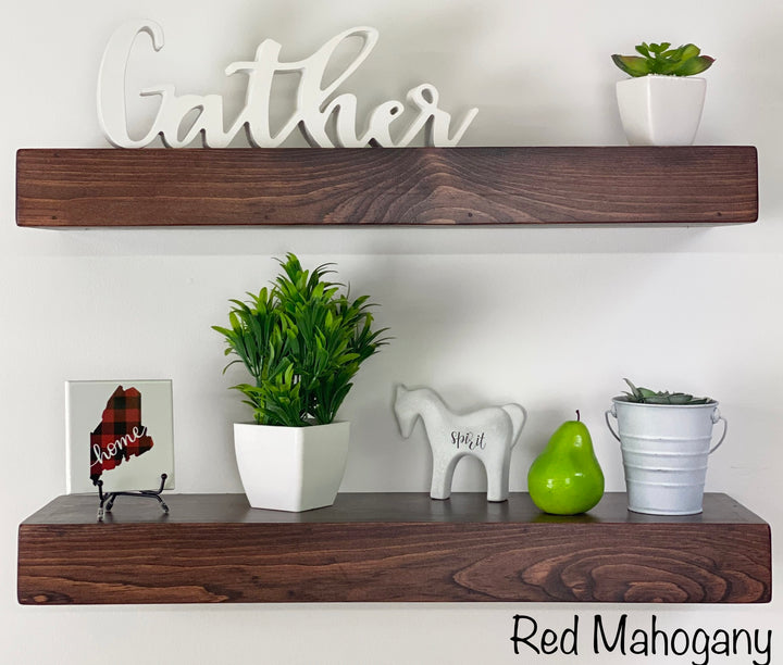 Red Mahogany Floating Shelf - Round Satin Nickel Towel Bar
