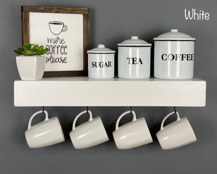 White Floating Shelf with Coffee Mug Hooks