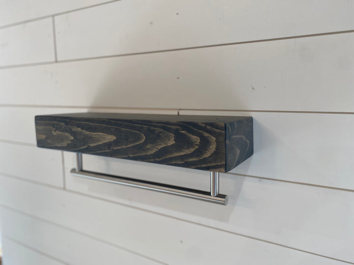 Dark Gray Floating Shelf - Round Satin Nickel Towel Bar