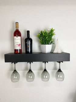 Black Floating Shelf with Wine Glass Hangers