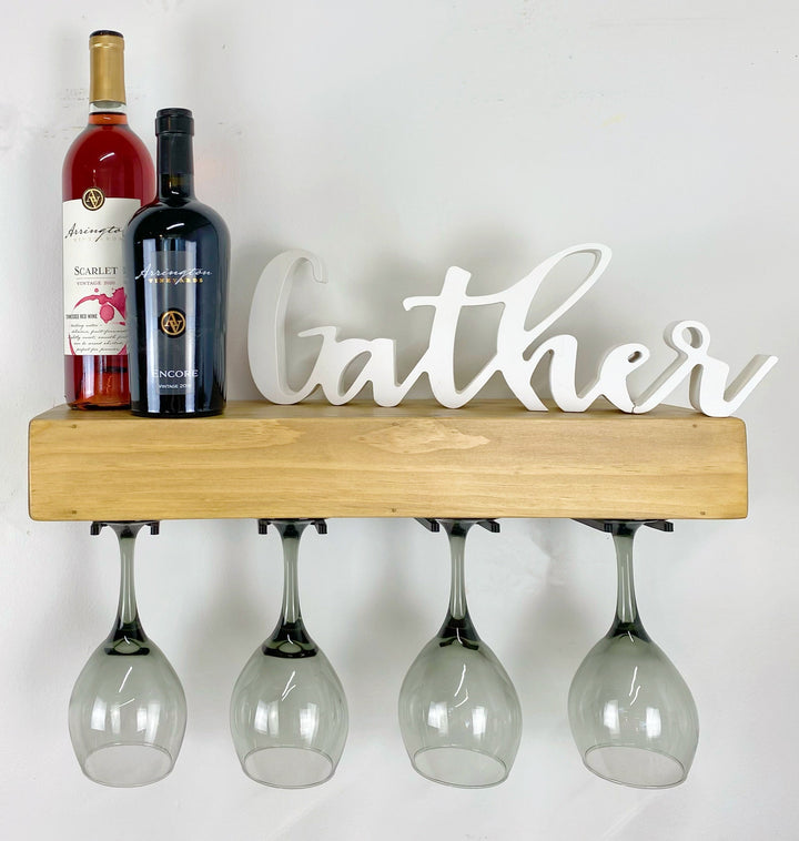 Golden Oak Floating Shelf with Wine Glass Hangers