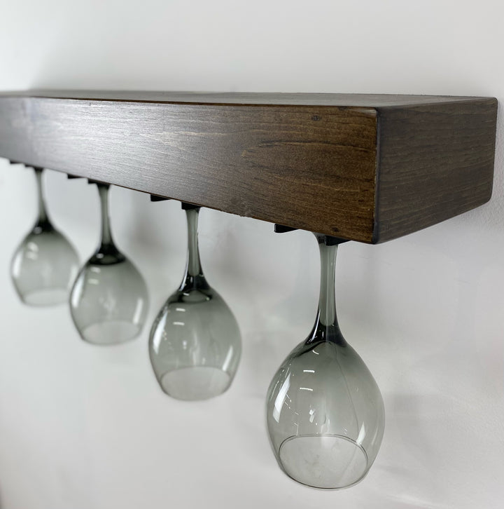 Dark Walnut Floating Shelf with Wine Glass Hangers