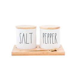 Rae Dunn Artisan Salt+Pepper Cellars W/ Bamboo Tray & Spoon