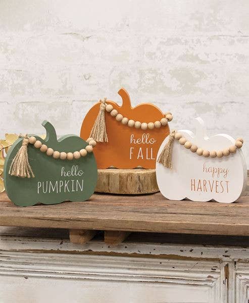 Fall Beaded Pumpkin Wood Sitter, 3 Assorted