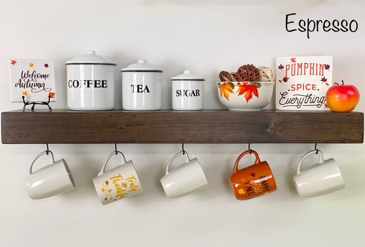 Floating Shelf with Coffee Mug Hooks | Stained