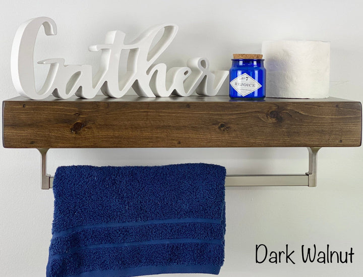 Bathroom Shelf with Towel Bar - Satin Nickel | Floating Shelf | Stained
