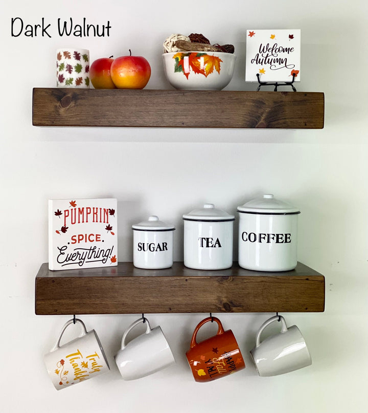 Farmhouse Coffee Bar with DIY floating shelf and mug rack