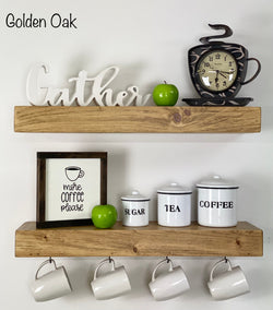 Coffee Bar Shelf Set of 2 | Floating Shelves with Coffee Mug Hooks