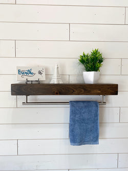 Floating shelf with Towel Bar - Satin Nickel - Round - Stained